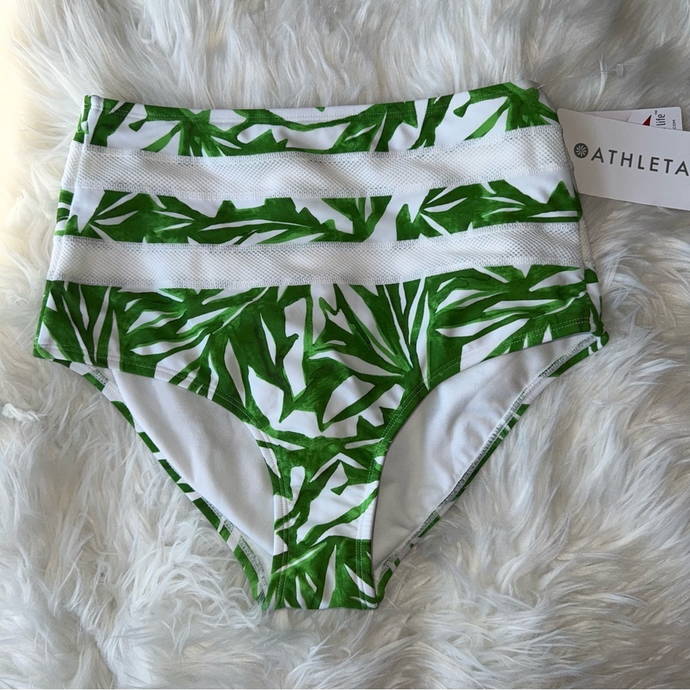 Athleta White and Green High Waisted Full Coverage Bikini Bottom Lycra UPF‎ 50 M